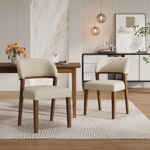Mona Modern Walnut Plus Beige Polyester Upholstered Dining Chairs with Solid Wood Frame, Set of 2