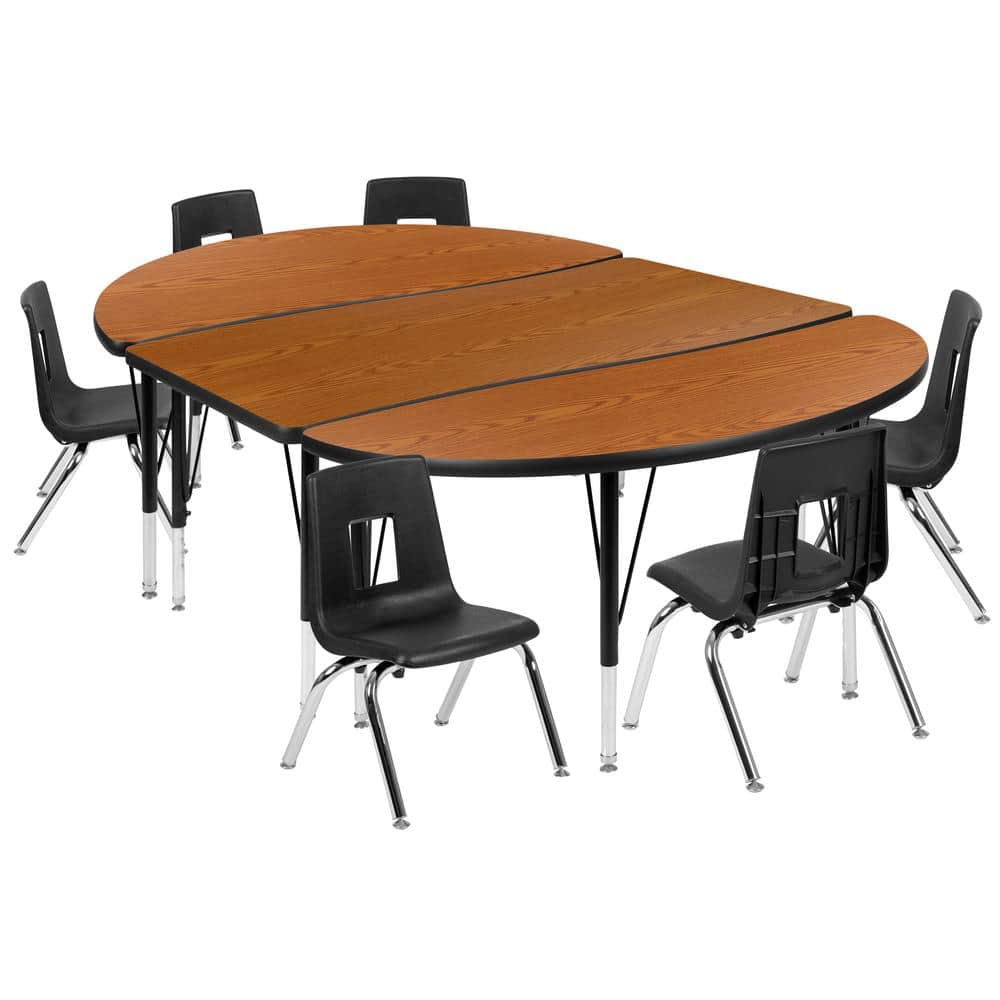 76 in. Oval Wave Collaborative Laminate Activity Table Set with 14 in. Student Stack Chairs, Oak/Black