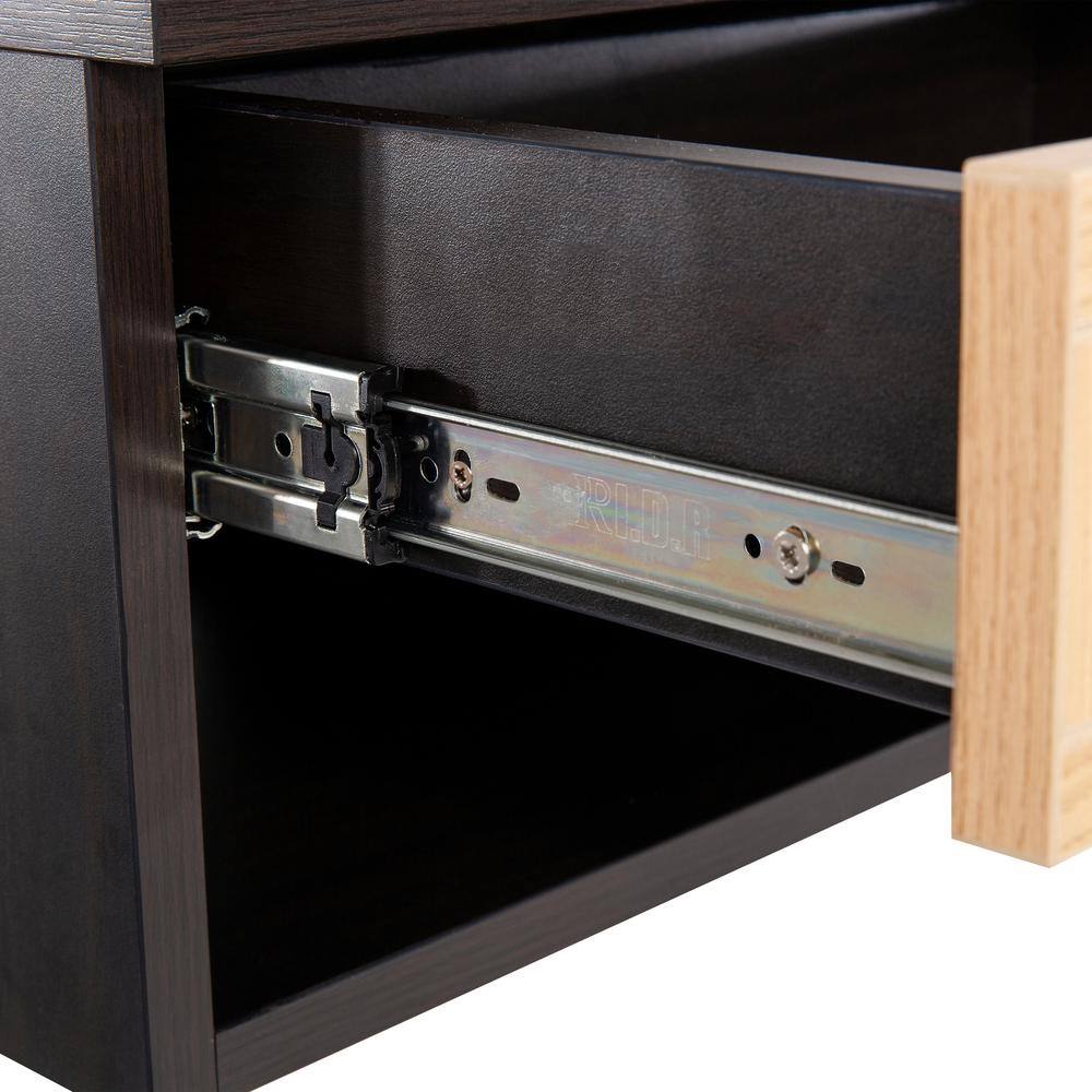 Celerie Black and Light Oak Floating Nightstand with Rattan Drawer