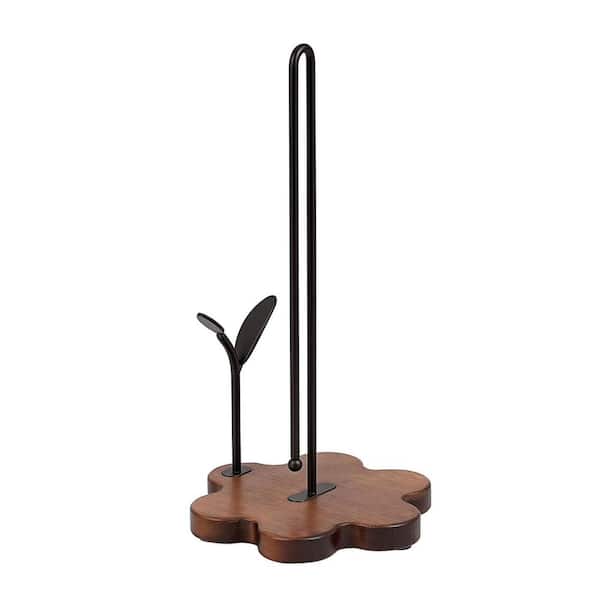 Countertop Antique Brown Finish Wooden Paper Towel Holder with Floral Base Dual Iron Rods Leaf Accent Non Slip Pad