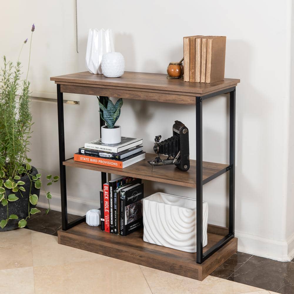 Oslo 37" Aged Maple & Black Metal 3-Shelf Etagere Bookcase