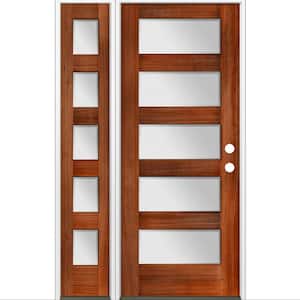 50 in. x 80 in. Modern Douglas Fir 5-Lite Left-Hand/Inswing Frosted Glass Red Chestnut Stain Wood Prehung Front Door