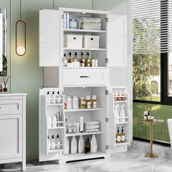 Tenleaf 6-Shelf White Wood Kitchen Pantry Organizer Bathroom Storage Cabinet with Adjustable Shelf, Drawer