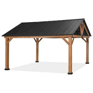 15 ft. x 13 ft. Outdoor Patio Solid Cedar Wood Hardtop Gazebo with Black Galvanized Steel Roof and Ceiling Hook