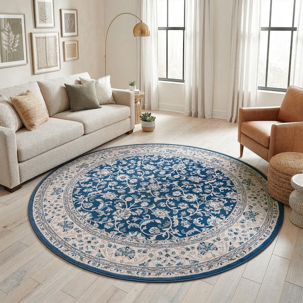 Madison Floral Dark Blue 8 ft. Round Indoor Area Rug