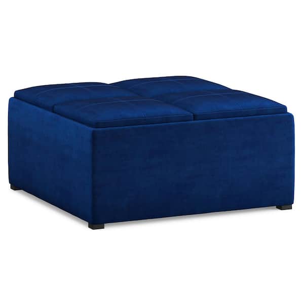 Avalon 35 in. Wide Contemporary Square Coffee Table Storage Ottoman in Blue Velvet Fabric, Assembled