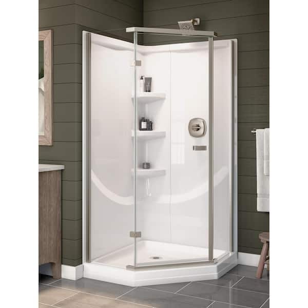 Delta 38 in. L x 38 in. W x 72 in. H Corner Drain Neo-Angle Base/Wall/Door Shower Stall Kit in White and Stainless