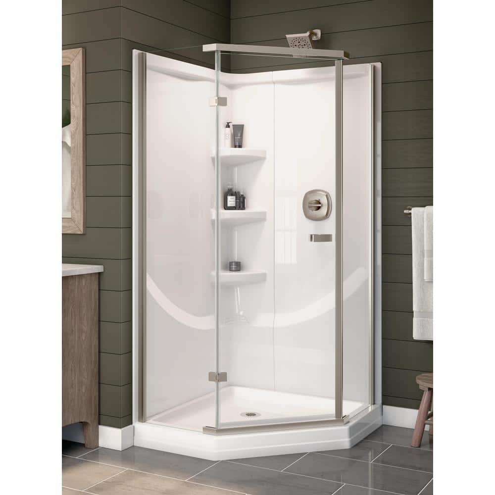 Delta Classic 38 in. L x 38 in. W x 72 in. H Corner Drain Neo-Angle Base/Wall/Door Shower Stall Kit in White and Stainless -  BVS42238-SS