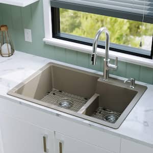 QT-811 Quartz/Granite 33 in. Double Bowl 60/40 Top Mount Drop-in Kitchen Sink in Concrete with Bottom Grid and Strainer