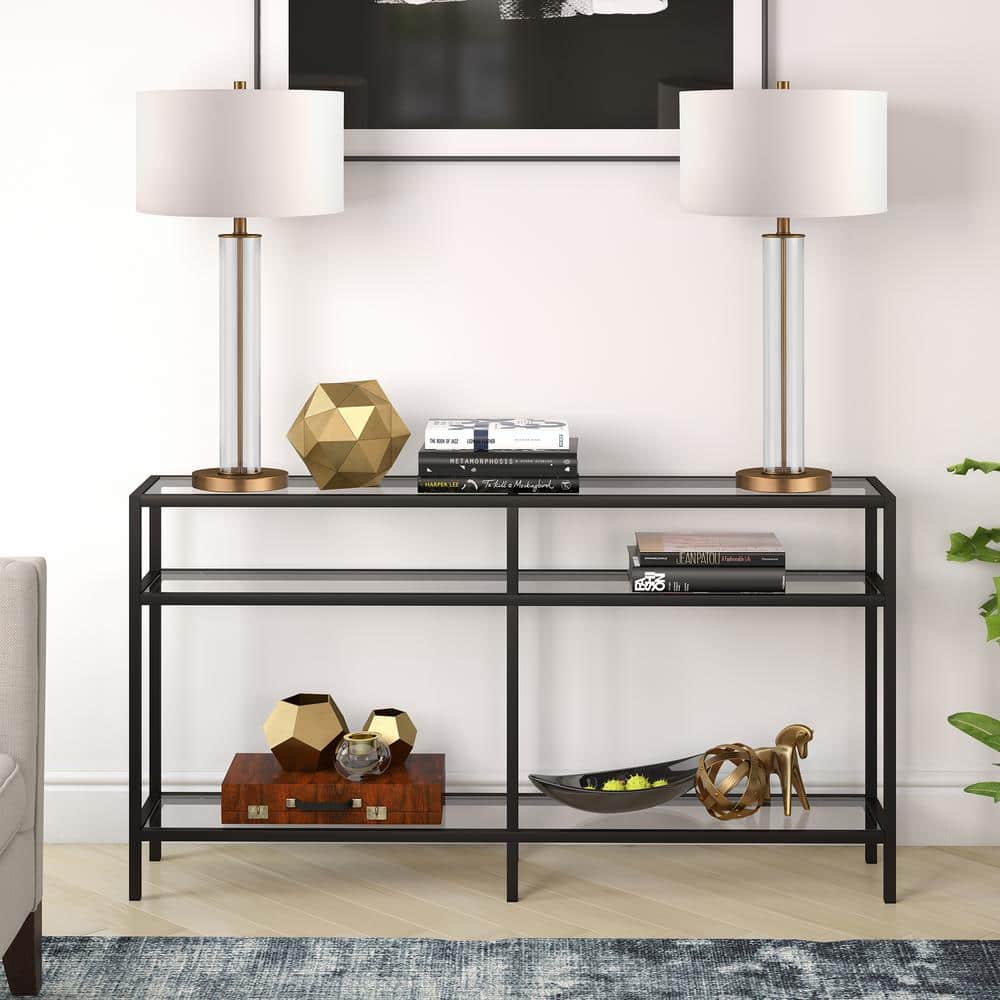 Sivil 55" Blackened Bronze and Black Metal Console Table with Glass Top