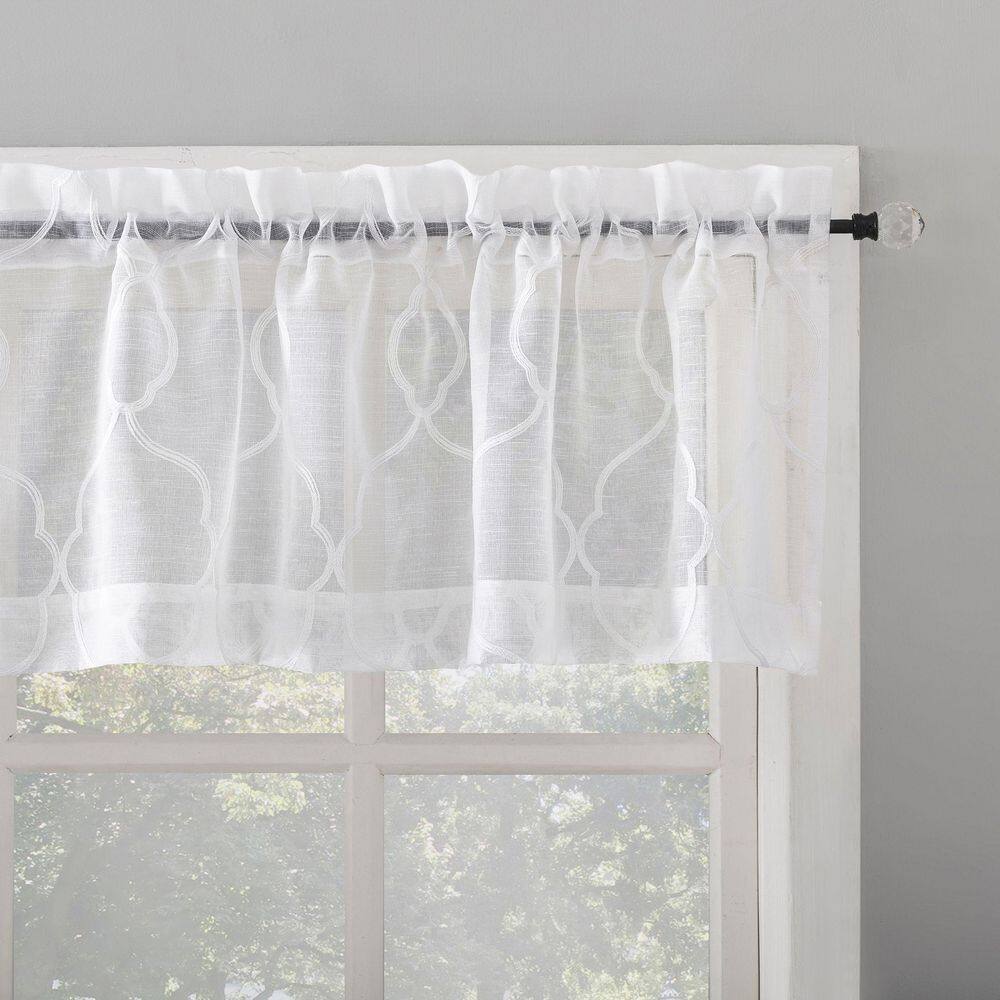 White Embroidered Trellis Light Filtering Kitchen Curtain Set