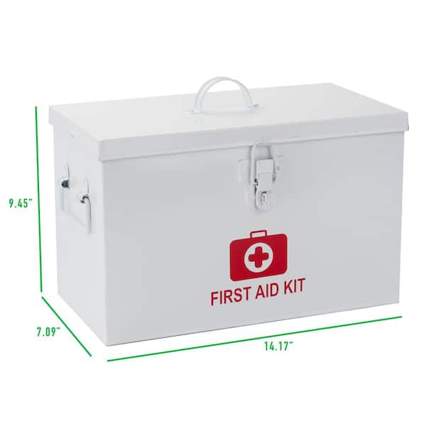 Mind Reader First Aid Box, Emergency Kit, Medical Supply Organizer,  Vintage, Buckle Lock, Metal, 13.25 L 7 Wx8.25 H, White