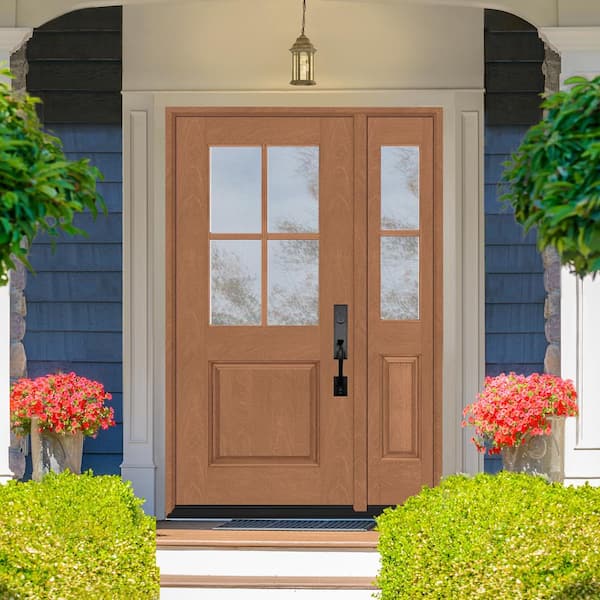 Regency 53 in. x 80 in. 1/2-4Lite Clear Glass LH AutumnWheat Stain Mahogany Fiberglass Prehung Front Door w/14in.SL
