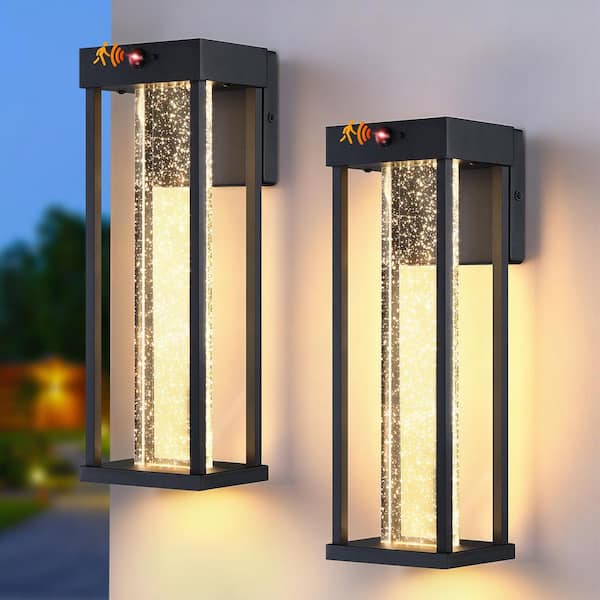 15 in. Black Motion Sensing Dusk to Dawn Outdoor Porch Hardwired LED Crystal Wall Lantern Sconce Lights(2-Pack)