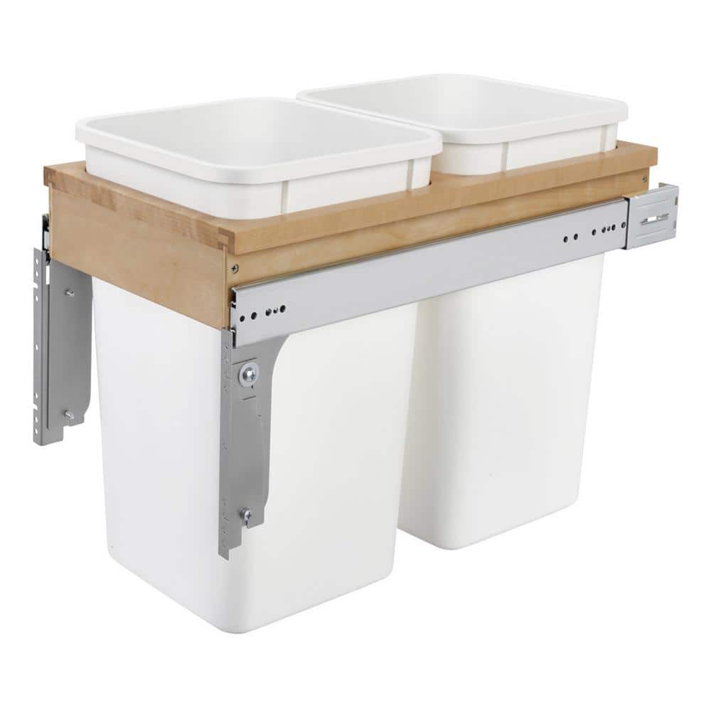 White Double Pull-Out Trash Bin with Maple Mount