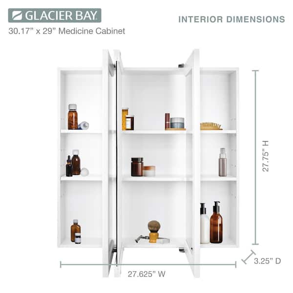 Glacier Bay 30 3 16 in. W x 29 in. H Framed Surface Mount Tri View Bathroom Medicine Cabinet with Mirror White 33158