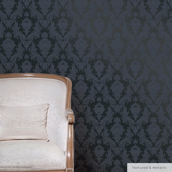 Grey on Metallic Black Damsel Vinyl Peel and Stick Textured Wallpaper Roll