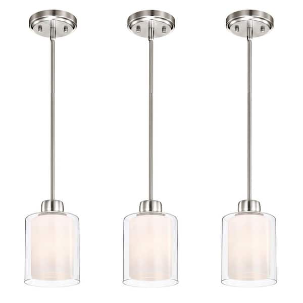 Daley 1-Light Brushed Nickel Dual Shaded Mini Pendant Light with Clear Glass and White Glass (3-Pack)