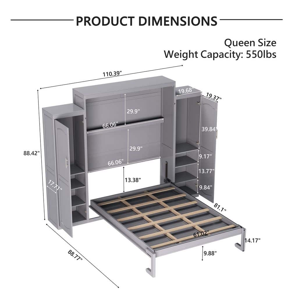 Gray Wood Frame Queen Size Murphy Bed Wall Bed with Wardrobes, Storage Shelves - thumbnail 2