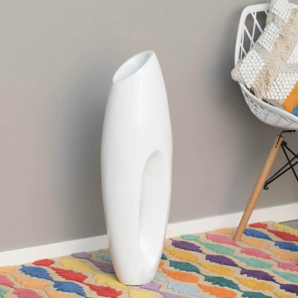 Modern White Magnesium Oxide Tall Floor Vase with Metal Base