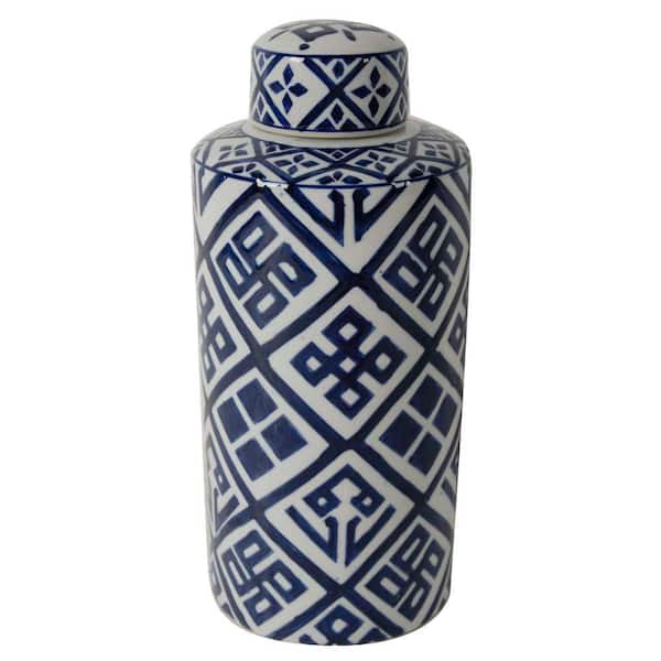 A & B Home Valora 6 in. x 14 in. Blue and White Decorative Cylinder Vase