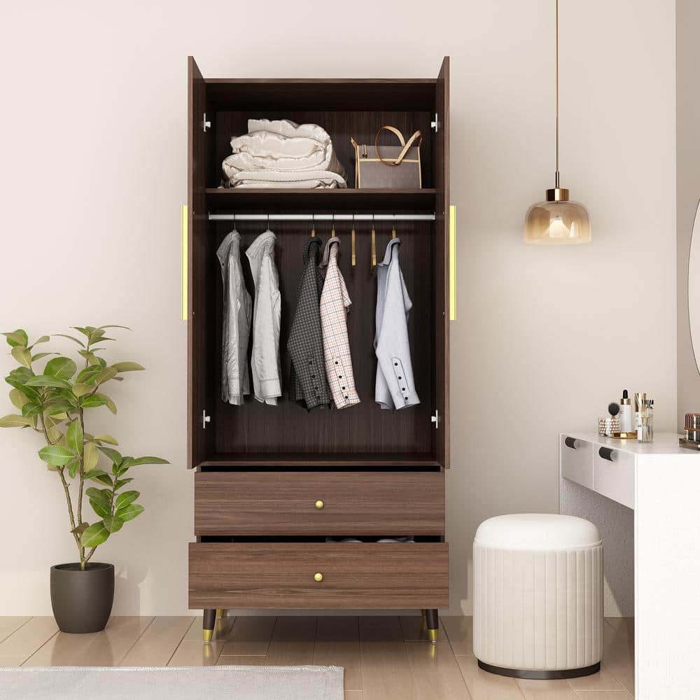 Brown Armoire with 2-Drawers, Hanging Rod and Gold Metal Handles (71.1 in. H x 19.1 in. W x 31.5 in. D) - thumbnail 4