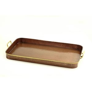 24 in. x 15.25 in. x 2 in. Oblong Antique Copper Tray with Cast Brass Handles