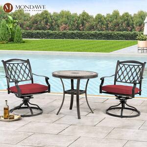Cast Aluminum Outdoor Dining Chair Diamond-Mesh Backrest 360 Degrees Swivel Chairs with Red Cushions (Set of 2)