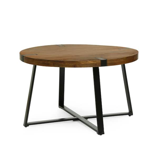 Noble House Parkey 30 in Round Walnut Brown and Black Handmade Circular Wood Coffee Table