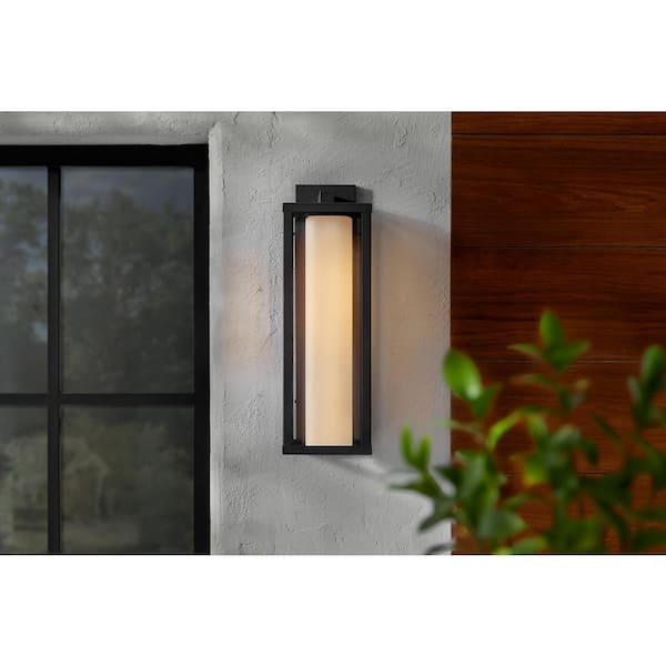 Home Decorators Collection Aberdeen 18.75 in. 1-Light Black Outdoor Wall Light Fixture with Clear Outer and Frosted Glass Inner Shades