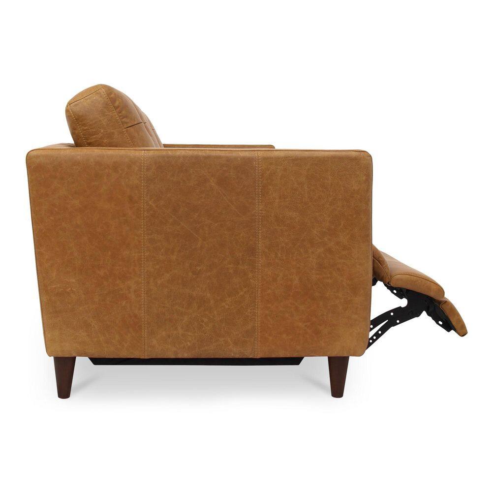 Side view of a tan leather power reclining sofa with footrest extended.