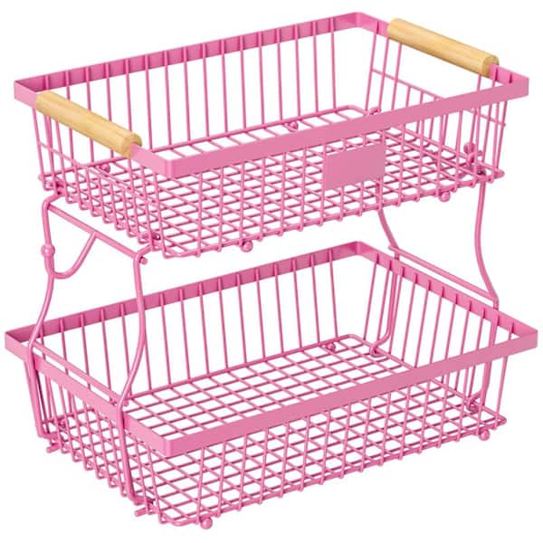 1 Piece 2-Tier Metal Fruit Basket with Wooden Handle and Banana Hangers Set