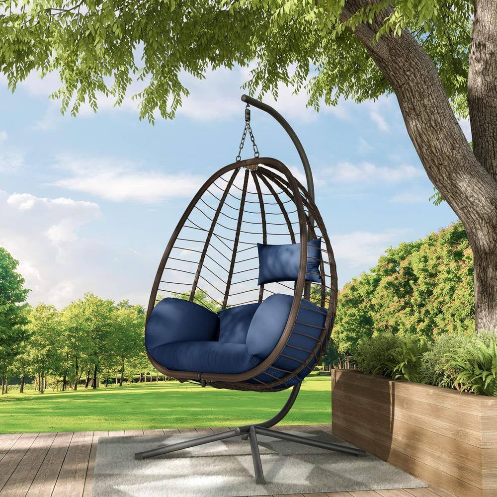 Halmuz Outdoor Indoor Wicker Egg Swing Chair with Stand 350 lbs. Capacity Strong Frame Navy Cushions, Patio, Balcony, Bedroom Eggchair-Navy