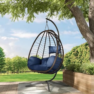 Outdoor Indoor Wicker Egg Swing Chair with Stand 350 lbs. Capacity Strong Frame Navy Cushions, Patio, Balcony, Bedroom