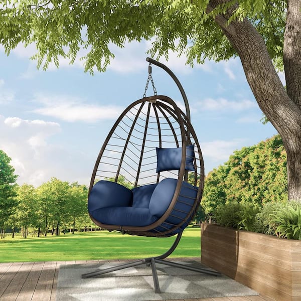 Halmuz Outdoor Indoor Wicker Egg Swing Chair with Stand 350 lbs. Capacity Strong Frame Navy Cushions, Patio, Balcony, Bedroom