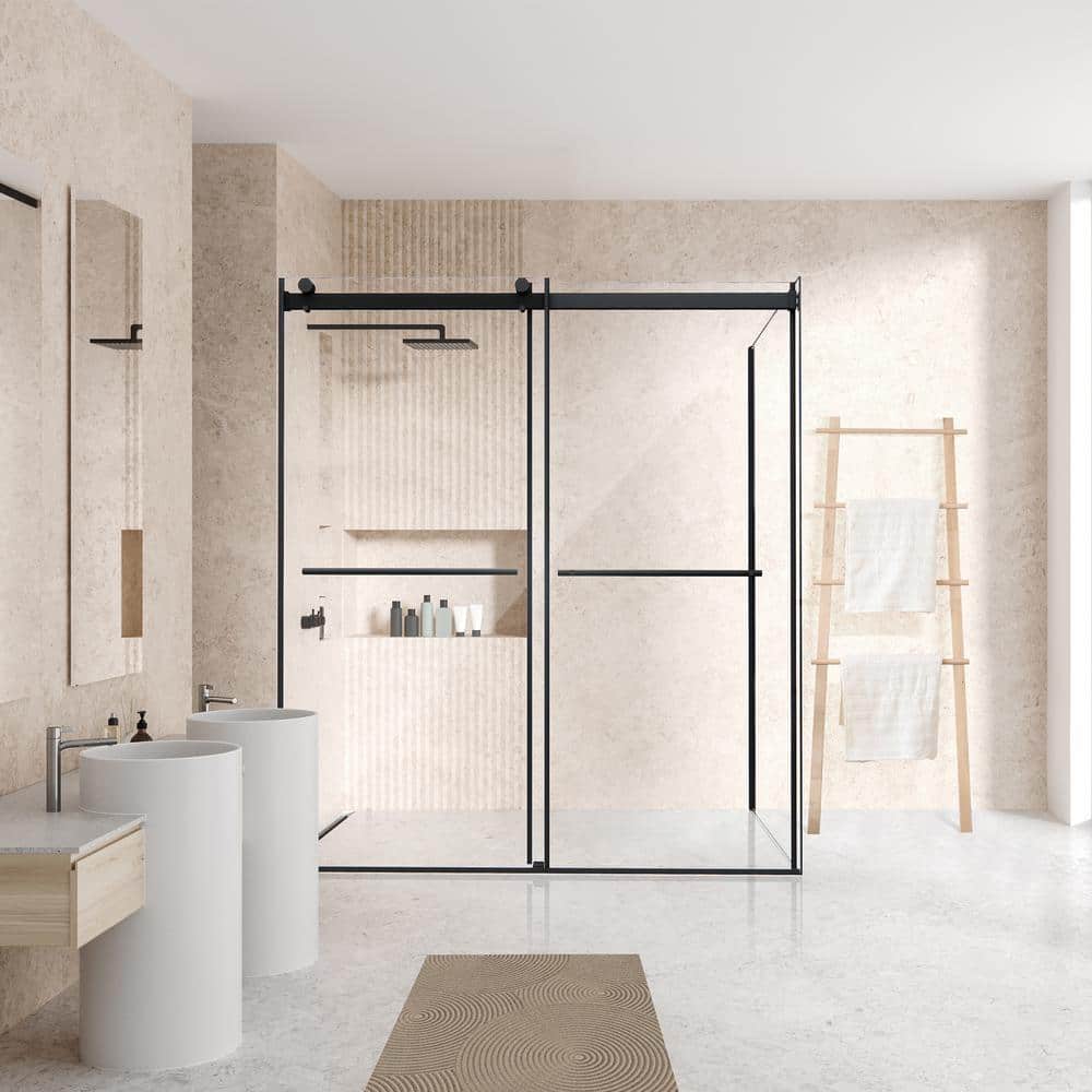 Belizzi 68" Matte Black Frameless Glass Shower Enclosure