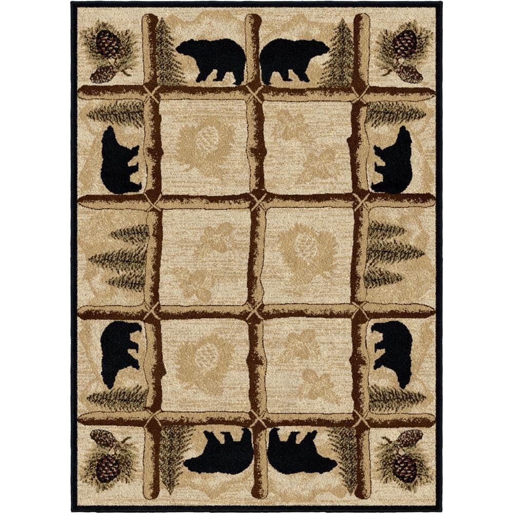 Rustic Bear and Pinecone Oval 4' x 6' Polypropylene Area Rug