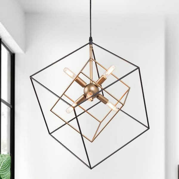 Black Sputnik Candlestick Island Chandelier, Linear Square Modern Industrial 6-Light Gold Nested Cage Pendant Light