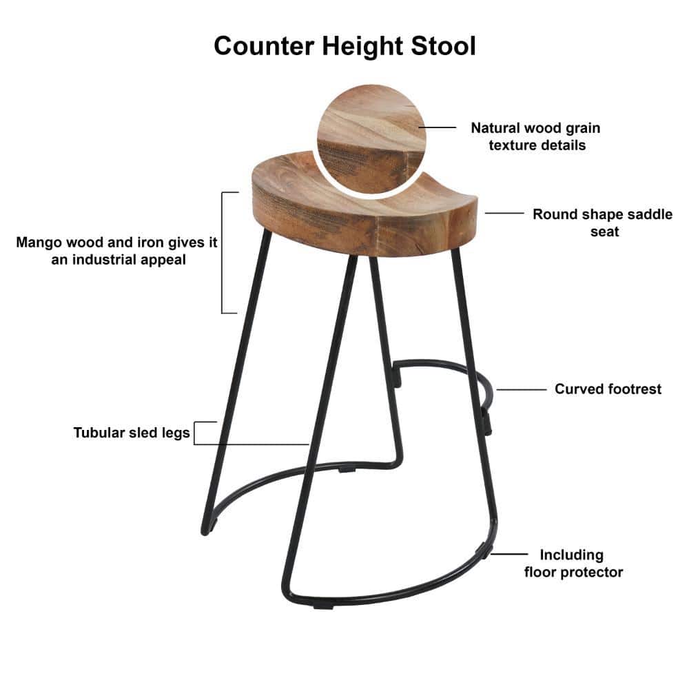 Ela Industrial Saddle-Style Backless Metal Counter Stool, Black, Set of 2
