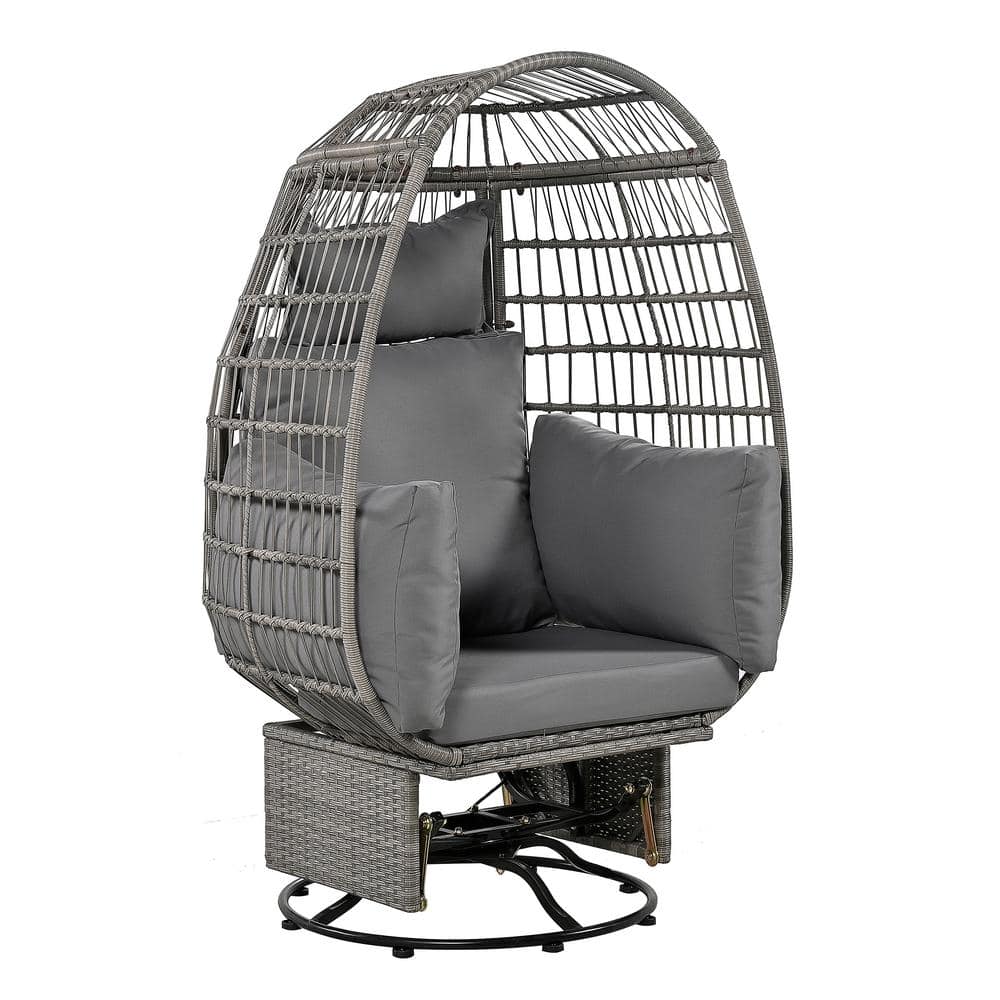 38.6 in. W 1-Person Gray Wicker Patio Swing Swivel Chair with Gray Cushions