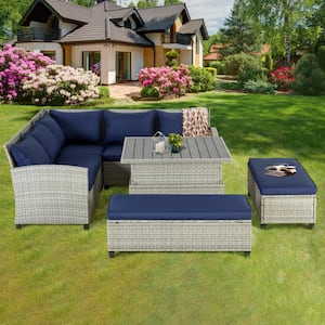 Modern 6-Piece Outdoor Gray Wicker Conversation Set with Navy Blue Cushions and Adjustable Height Dining Table