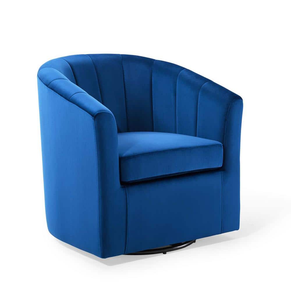 Navy Velvet Swivel Barrel Accent Chair with Wood Base