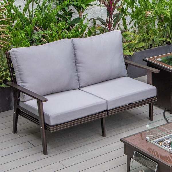 Leisuremod Walbrooke Brown 1-Piece Metal Outdoor Loveseat with Grey Cushions