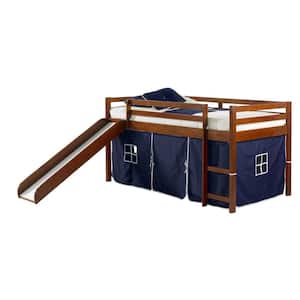Brown Light Espresso Tent Loft Bed with Blue Tent Kit and Slide