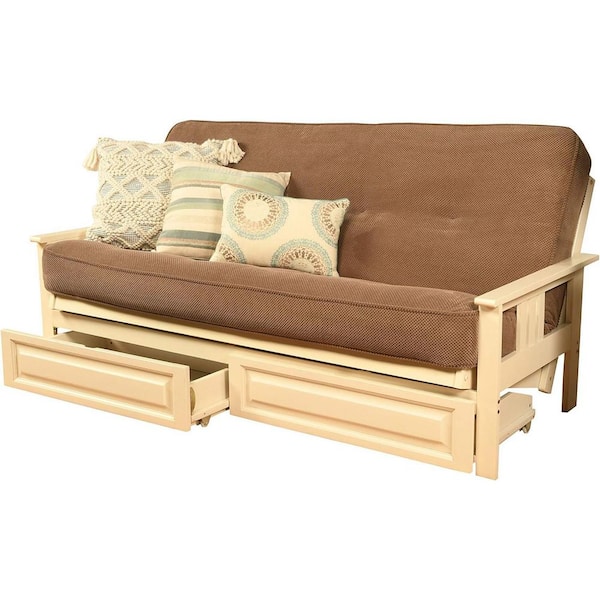 79 in. Antique White/Marmont Mocha Polyester Upholstered Full Size Futon Set with Mattress and Storage Drawers