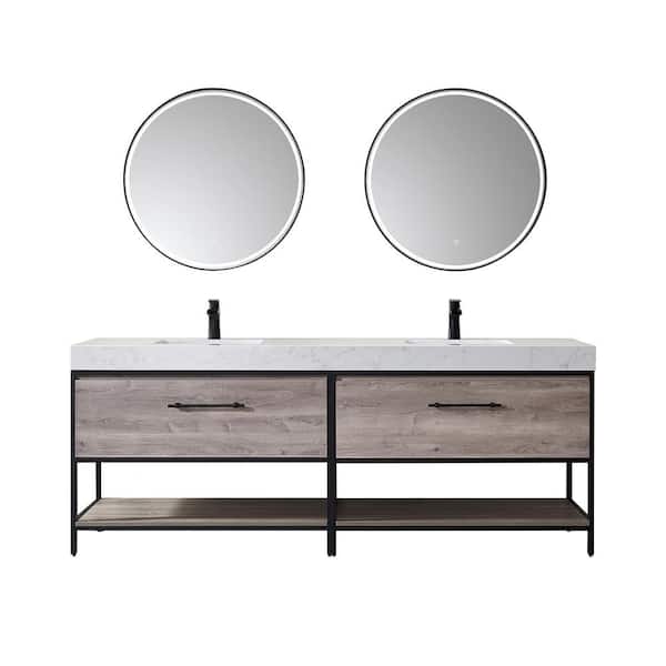 ROSWELL Palma 84 in. W x 22 in. D x 33.8 in. H Double Sink Bath Vanity in Oak with White Grain Stone Countertop and Mirror