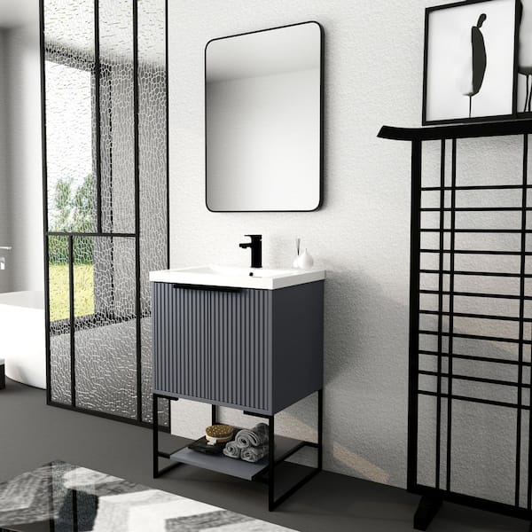 Aoibox 24 in. W x 18 in. D x 35 in. H Freestanding Bathroom Vanity in Rock Grey with Resin Top in with White Sink