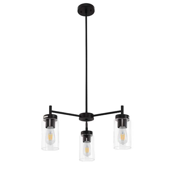 Briignite Modern 3-Light Pendant Chandelier with Clear Glass Shades in Rustic Black, Ideal for Dining Room or Kitchen