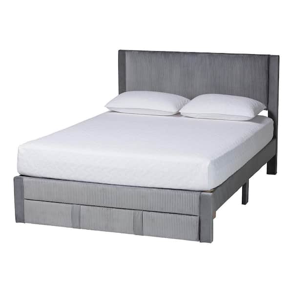 Baxton Studio Elora Gray Velvet and Wood Frame Queen Platform Bed with Storage