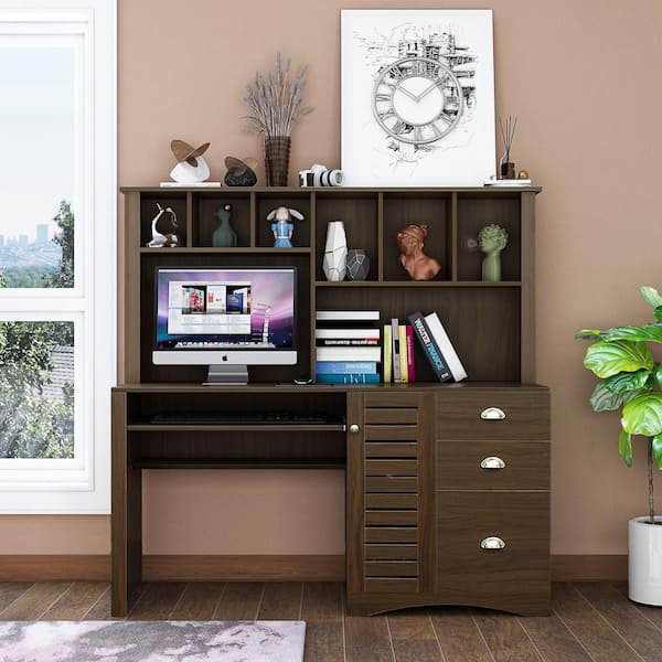 Seafuloy 59.06 in. Width Standing Wooden Home Office Computer Desk with 3-Drawers and 6-Shelves in Brown